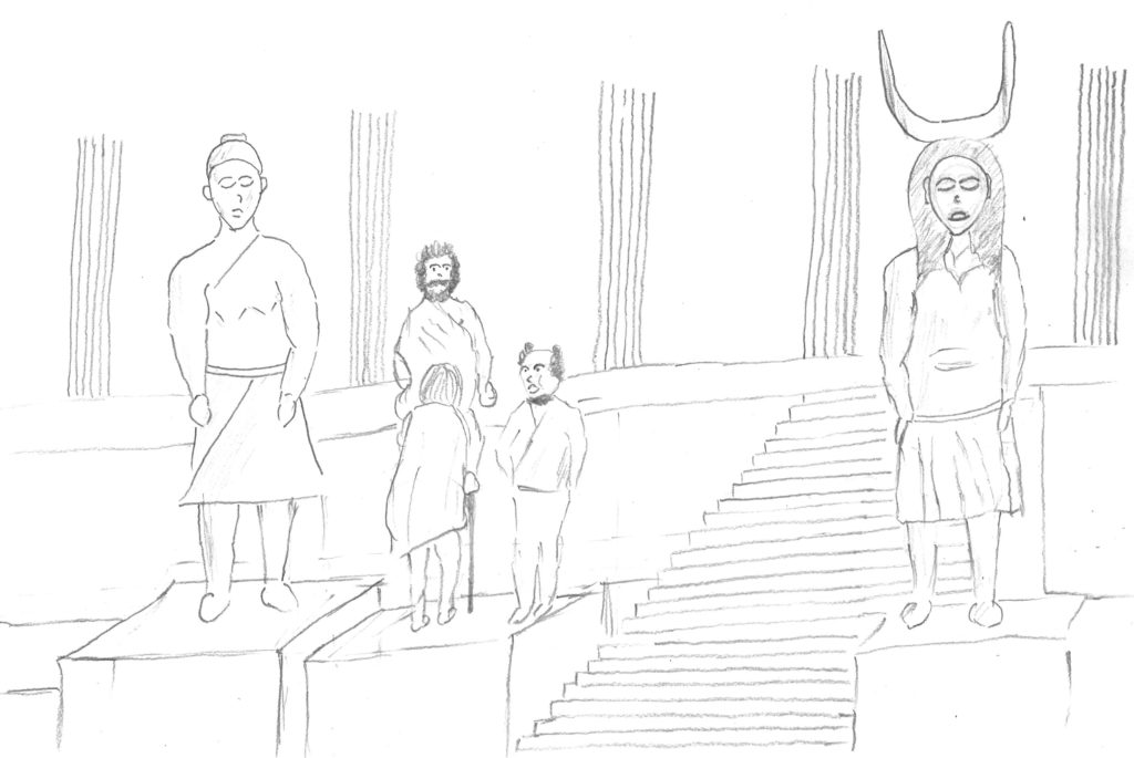 Pencil drawing of Eratosthenes and two other scholars on the steps of the Library at Alexandria with colossal statues and columns.