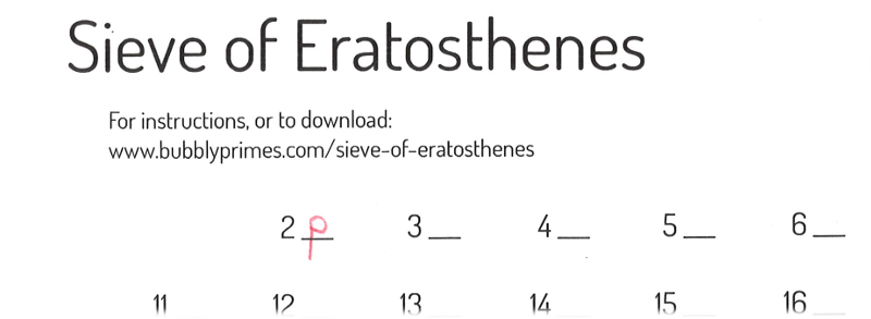 Sieve of Eratosthenes example marking the next unmarked number in red to indicate that it is a prime number.