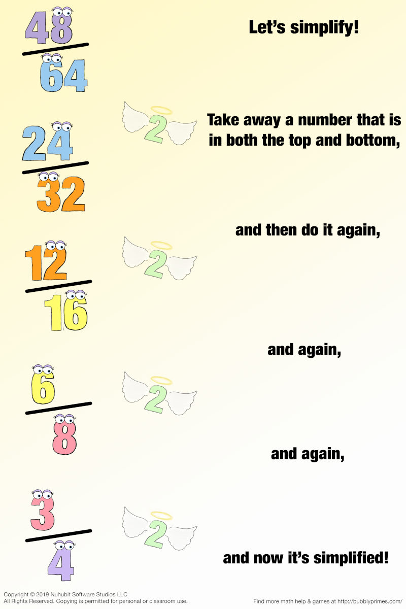 Let's simplify! Take away a number that is in both the top and bottom, and then do it again, and again, and again, and now it's simplified!