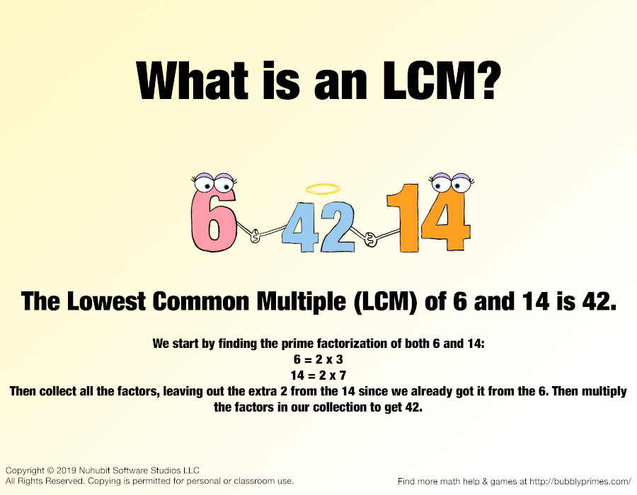 For example: The Lowest Common Multiple (LCM) of 6 and 14 is 42.
